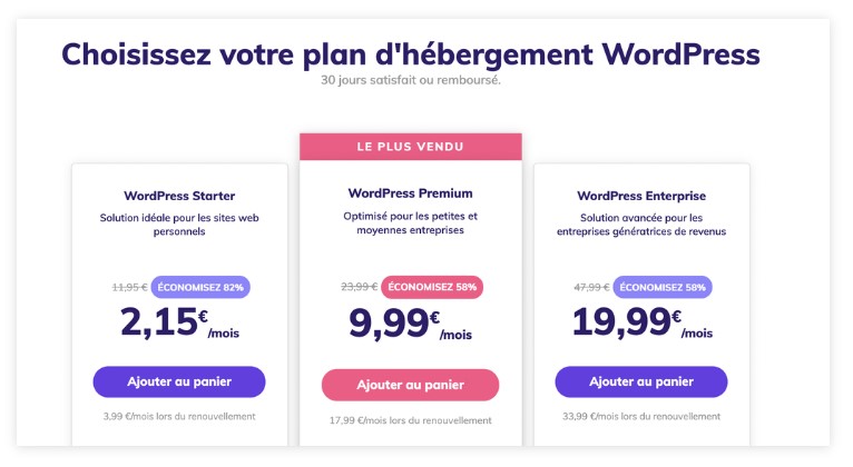 créer un siteweb wordpress avec Hostinger screenshot plan hébergement hewa agency