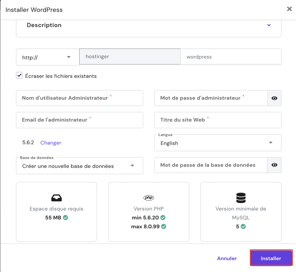 screenshot hostinger installation wordpress hewa agency